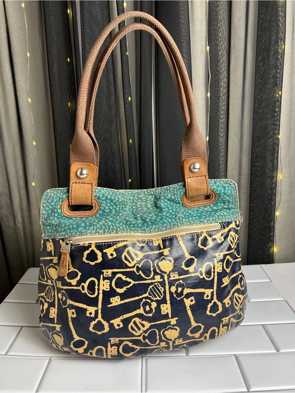Fossil Keyper Purse with Key Print and Teal Top Panel